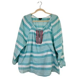 Talbots Cotton Striped Aztec Beaded Blouse Top Coastal Blue Boho Festival 3X